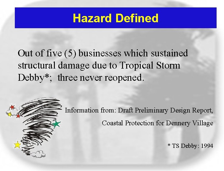 Hazard Defined Out of five (5) businesses which sustained structural damage due to Tropical