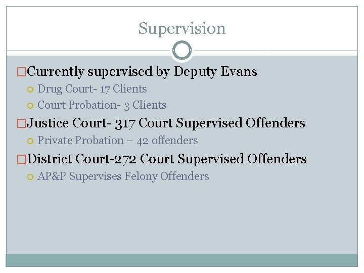 Supervision �Currently supervised by Deputy Evans Drug Court- 17 Clients Court Probation- 3 Clients