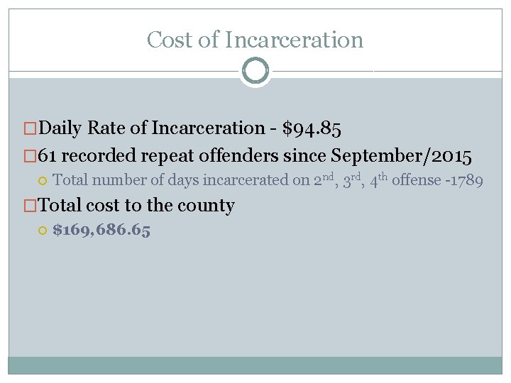 Cost of Incarceration �Daily Rate of Incarceration - $94. 85 � 61 recorded repeat