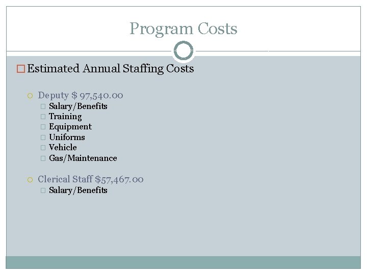 Program Costs � Estimated Annual Staffing Costs Deputy $ 97, 540. 00 Salary/Benefits �