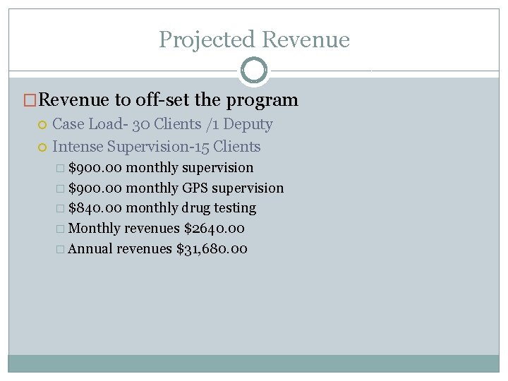 Projected Revenue �Revenue to off-set the program Case Load- 30 Clients /1 Deputy Intense