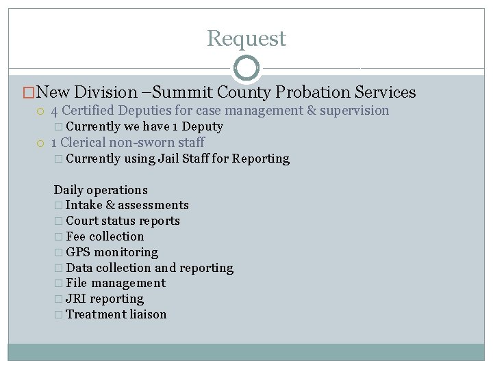 Request �New Division –Summit County Probation Services 4 Certified Deputies for case management &