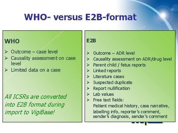 WHO- versus E 2 B-format WHO E 2 B Ø Outcome – case level