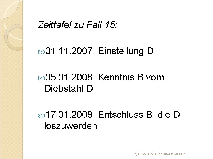 Zeittafel zu Fall 15: 01. 11. 2007 Einstellung D 05. 01. 2008 Kenntnis B