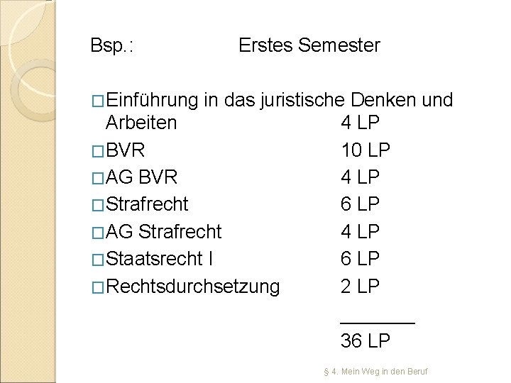 Bsp. : Erstes Semester �Einführung in das juristische Denken und Arbeiten �BVR �AG BVR