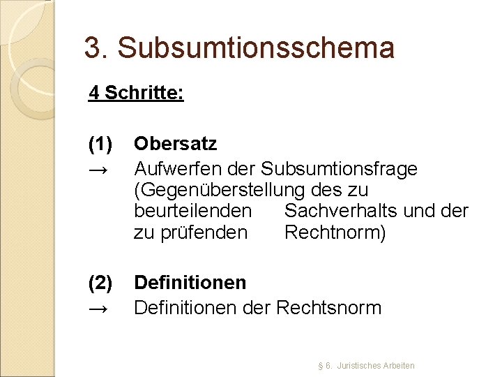 3. Subsumtionsschema 4 Schritte: (1) Obersatz → Aufwerfen der Subsumtionsfrage (Gegenüberstellung des zu beurteilenden