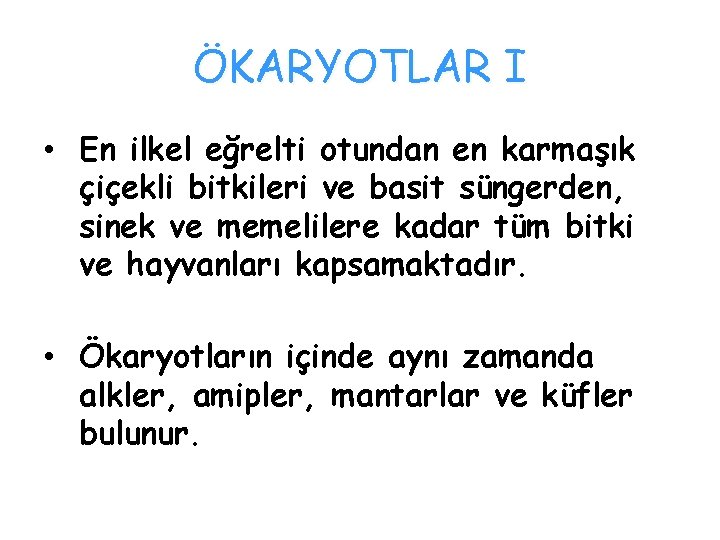 ÖKARYOTLAR I • En ilkel eğrelti otundan en karmaşık çiçekli bitkileri ve basit süngerden,