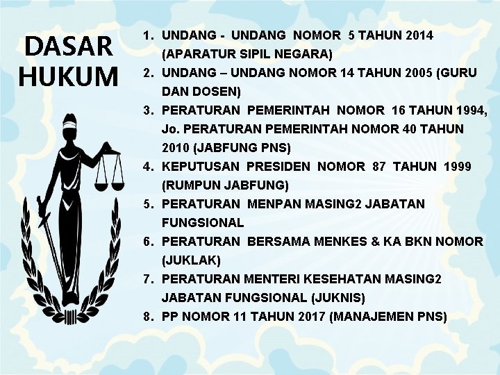 DASAR HUKUM 1. UNDANG - UNDANG NOMOR 5 TAHUN 2014 (APARATUR SIPIL NEGARA) 2.