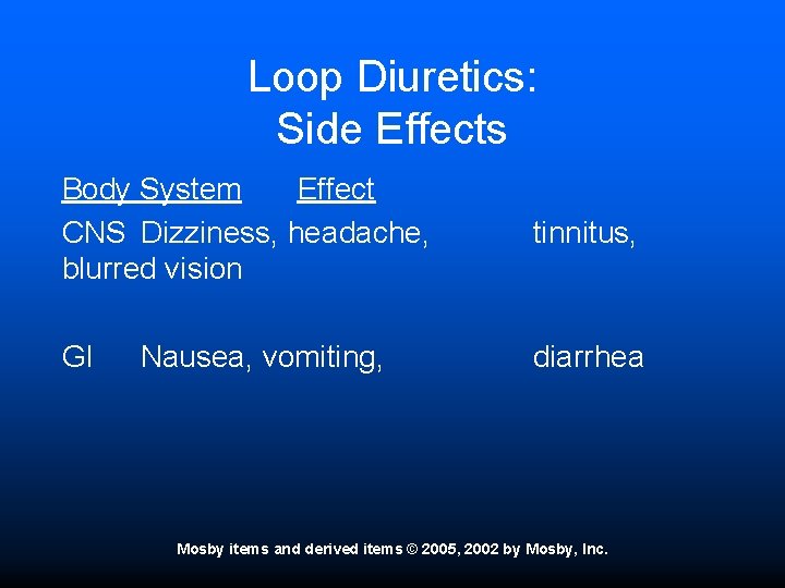 Loop Diuretics: Side Effects Body System Effect CNS Dizziness, headache, blurred vision tinnitus, GI