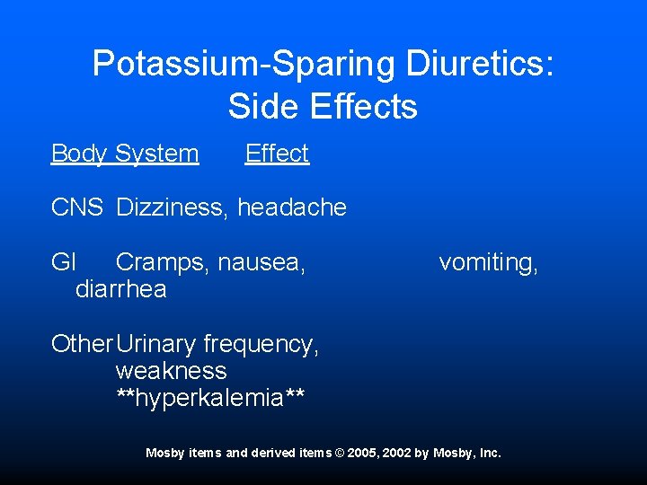 Potassium-Sparing Diuretics: Side Effects Body System Effect CNS Dizziness, headache GI Cramps, nausea, diarrhea