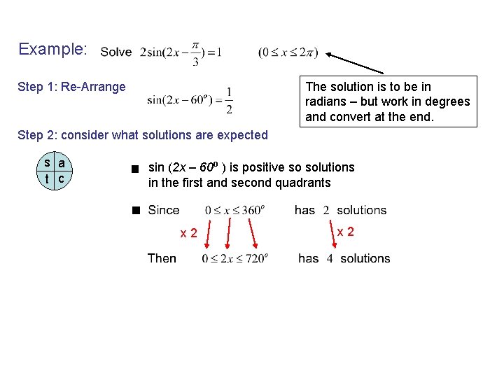 Example: Step 1: Re-Arrange The solution is to be in radians – but work