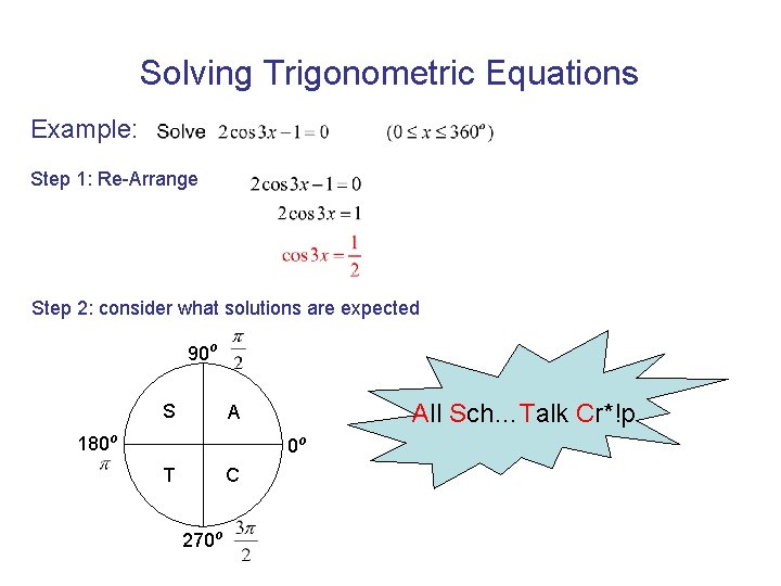 Solving Trigonometric Equations Example: Step 1: Re-Arrange Step 2: consider what solutions are expected