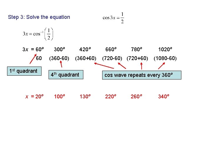 Step 3: Solve the equation 3 x = 60 o 60 1 st quadrant