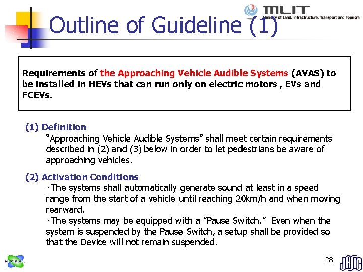 Outline of Guideline (1) Requirements of the Approaching Vehicle Audible Systems (AVAS) to be