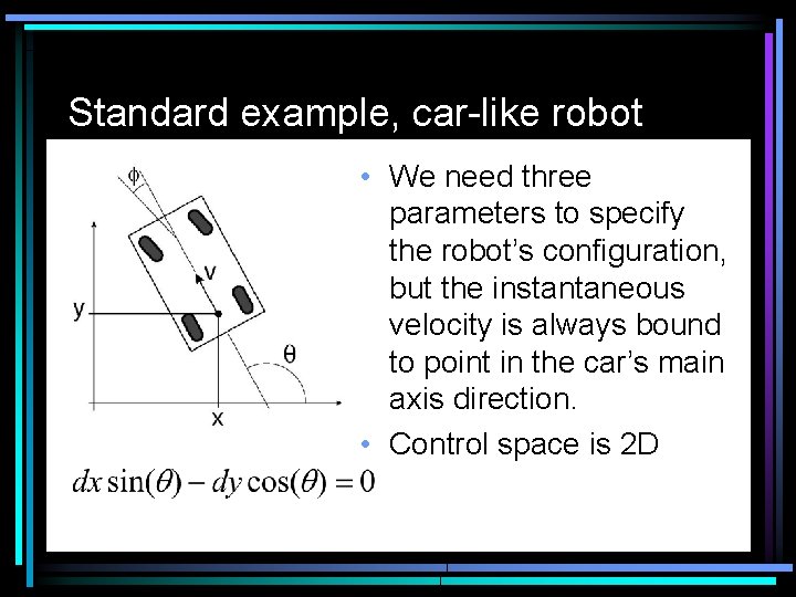 Standard example, car-like robot • We need three parameters to specify the robot’s configuration, Standard example, car-like robot • We need three parameters to specify the robot’s configuration,