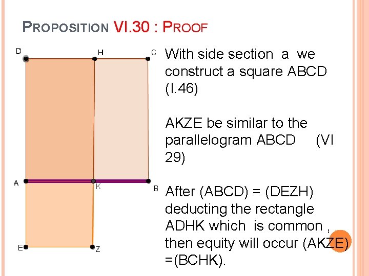 PROPOSITION VI. 30 : PROOF With side section a we construct a square ABCD