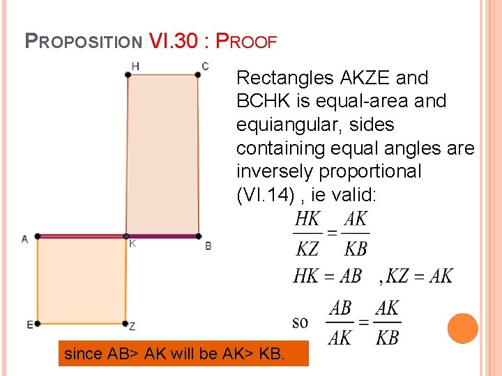 PROPOSITION VI. 30 : PROOF Rectangles AKZE and BCHK is equal-area and equiangular, sides