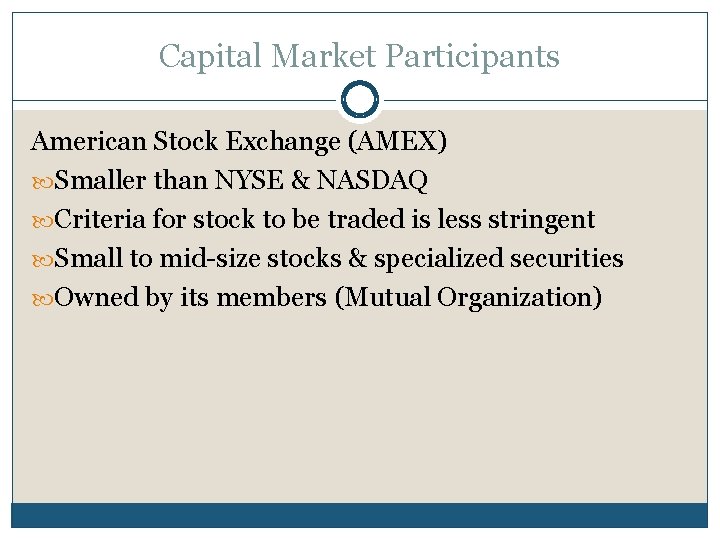 Capital Market Participants American Stock Exchange (AMEX) Smaller than NYSE & NASDAQ Criteria for
