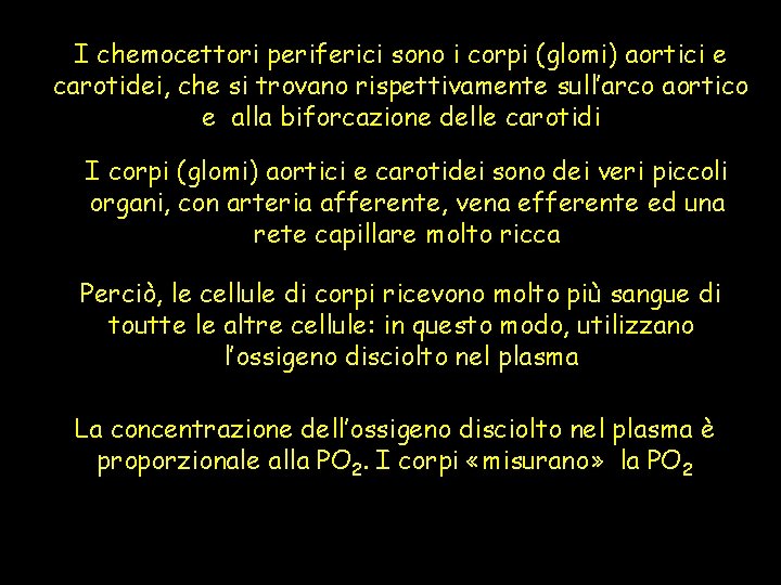 I chemocettori periferici sono i corpi (glomi) aortici e carotidei, che si trovano rispettivamente