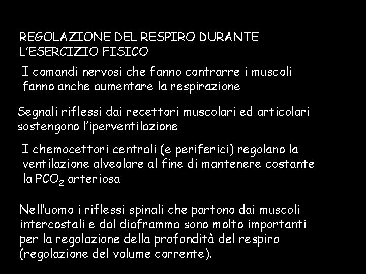 REGOLAZIONE DEL RESPIRO DURANTE L’ESERCIZIO FISICO I comandi nervosi che fanno contrarre i muscoli