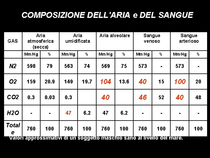 COMPOSIZIONE DELL'ARIA e DEL SANGUE GAS Aria atmosferica (secca) Aria umidificata Aria alveolare Sangue