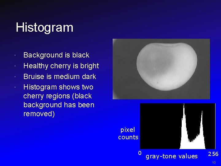 Histogram Background is black Healthy cherry is bright Bruise is medium dark Histogram shows