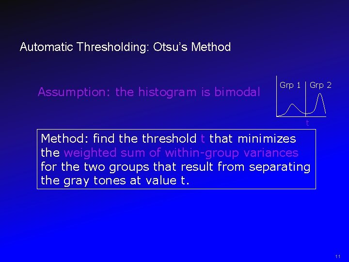 Automatic Thresholding: Otsu’s Method Assumption: the histogram is bimodal Grp 1 Grp 2 t