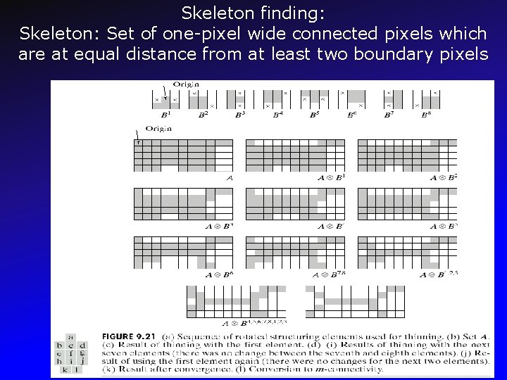 Skeleton finding: Skeleton: Set of one-pixel wide connected pixels which are at equal distance