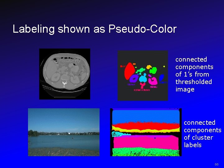 Labeling shown as Pseudo-Color connected components of 1’s from thresholded image connected components of