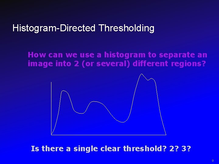 Histogram-Directed Thresholding How can we use a histogram to separate an image into 2