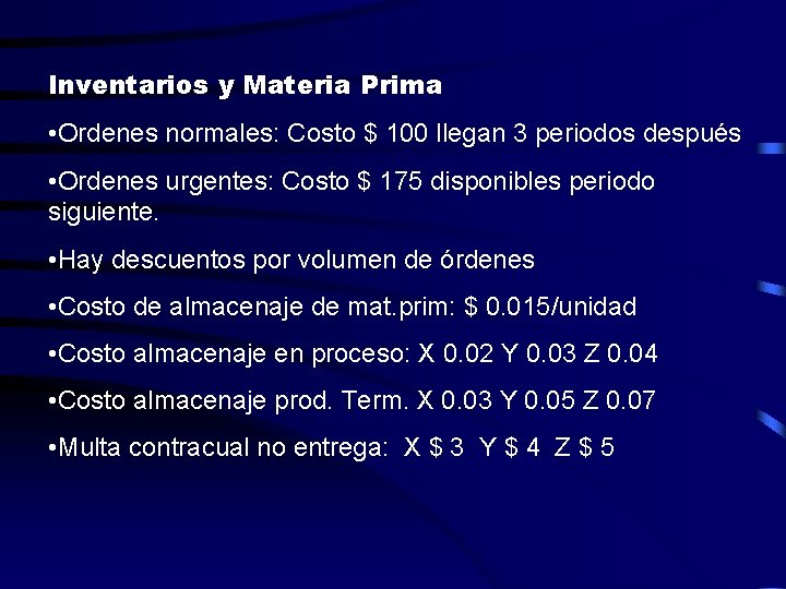 Inventarios y Materia Prima • Ordenes normales: Costo $ 100 llegan 3 periodos después