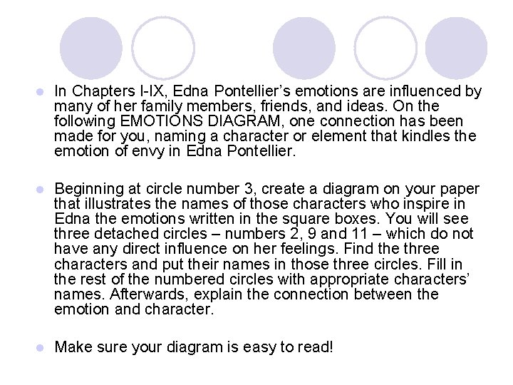 l In Chapters I-IX, Edna Pontellier’s emotions are influenced by many of her family
