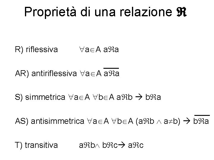 Proprietà di una relazione R) riflessiva a A a a AR) antiriflessiva a A