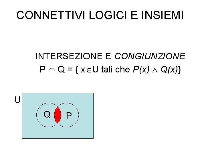 CONNETTIVI LOGICI E INSIEMI INTERSEZIONE E CONGIUNZIONE P Q = { x U tali