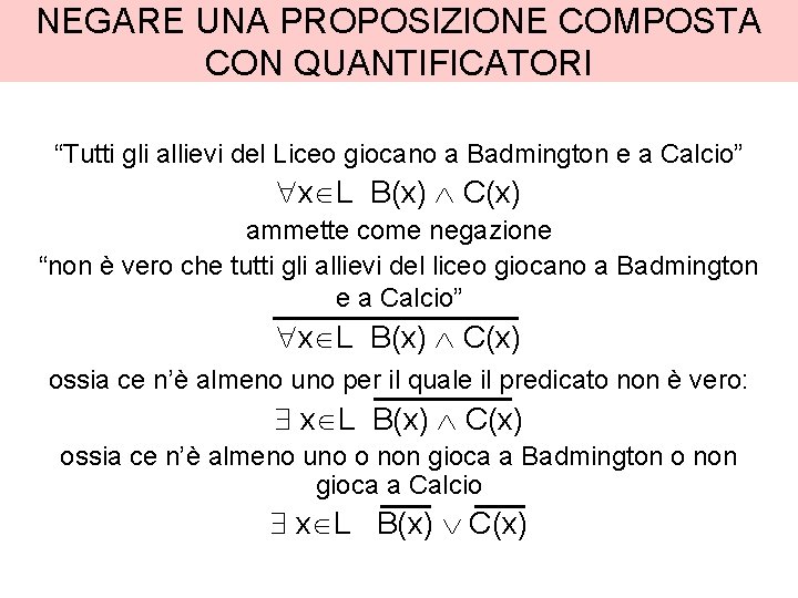 NEGARE UNA PROPOSIZIONE COMPOSTA CON QUANTIFICATORI “Tutti gli allievi del Liceo giocano a Badmington