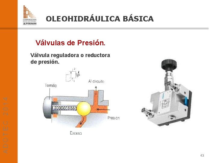 OLEOHIDRÁULICA BÁSICA Válvulas de Presión. Válvula reguladora o reductora de presión. 43 