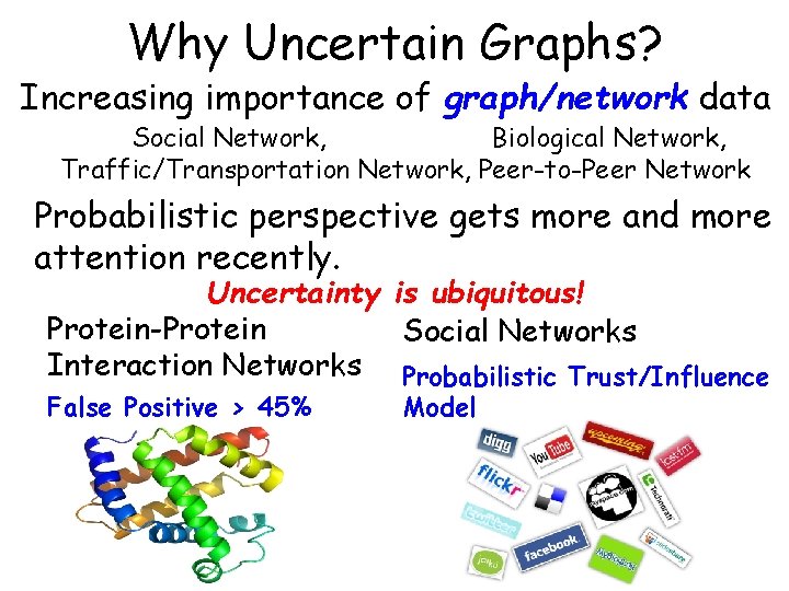 Why Uncertain Graphs? Increasing importance of graph/network data Social Network, Biological Network, Traffic/Transportation Network,