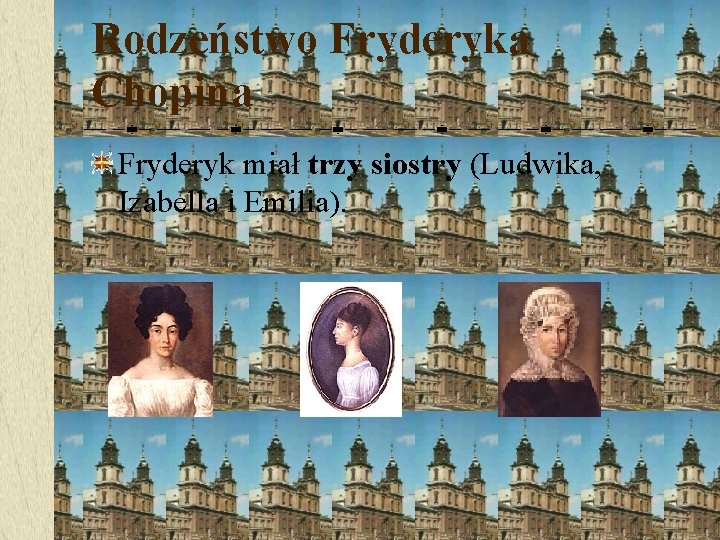 Rodzeństwo Fryderyka Chopina Fryderyk miał trzy siostry (Ludwika, Izabella i Emilia). 