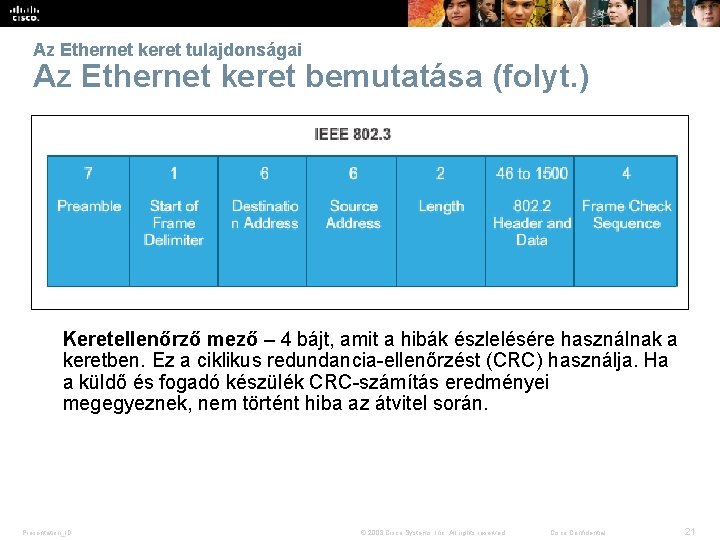 Az Ethernet keret tulajdonságai Az Ethernet keret bemutatása (folyt. ) Keretellenőrző mező – 4