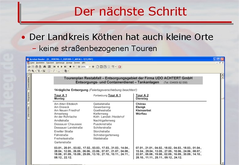 Der nächste Schritt • Der Landkreis Köthen hat auch kleine Orte – keine straßenbezogenen