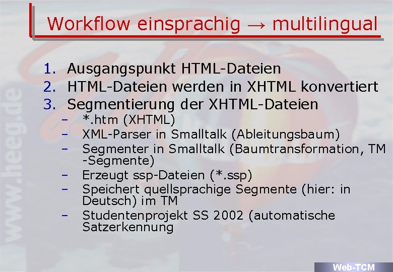 Workflow einsprachig → multilingual 1. Ausgangspunkt HTML-Dateien 2. HTML-Dateien werden in XHTML konvertiert 3.