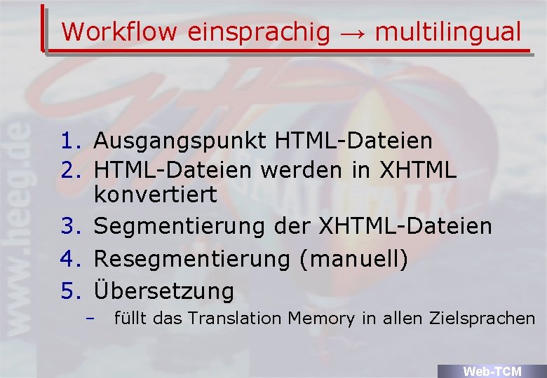 Workflow einsprachig → multilingual 1. Ausgangspunkt HTML-Dateien 2. HTML-Dateien werden in XHTML konvertiert 3.