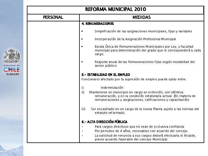 REFORMA MUNICIPAL 2010 PERSONAL MEDIDAS 4. REMUNERACIONES SUBDERE Simplificación de las asignaciones municipales, fijas