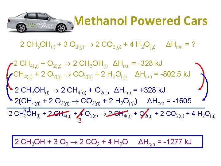 Methanol Powered Cars 2 CH 3 OH(l) + 3 O 2(g) 2 CO 2(g)