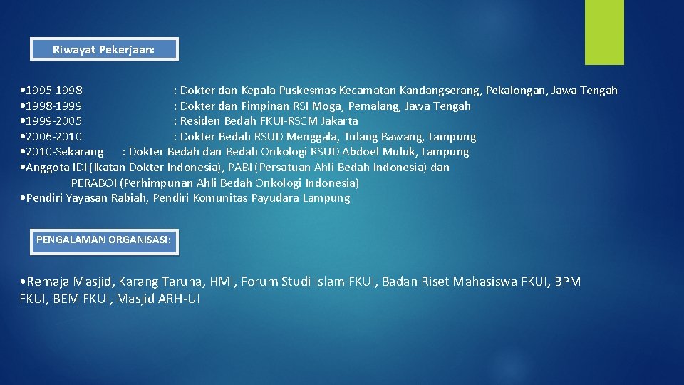 Riwayat Pekerjaan: • 1995 -1998 : Dokter dan Kepala Puskesmas Kecamatan Kandangserang, Pekalongan, Jawa