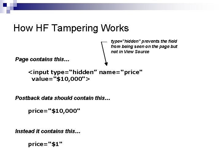 How HF Tampering Works type="hidden" prevents the field from being seen on the page