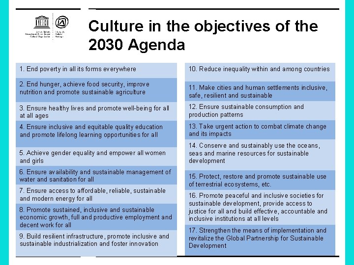 Culture in the objectives of the 2030 Agenda 1. End poverty in all its