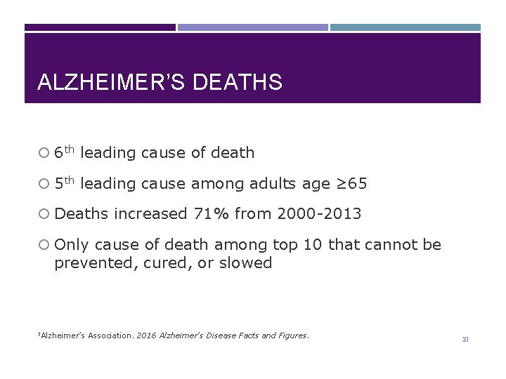 ALZHEIMER’S DEATHS 6 th leading cause of death 5 th leading cause among adults