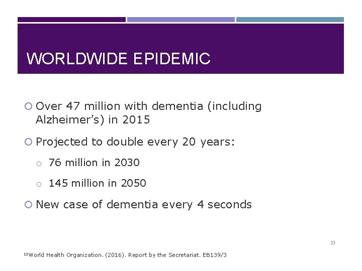 WORLDWIDE EPIDEMIC Over 47 million with dementia (including Alzheimer’s) in 2015 Projected to double