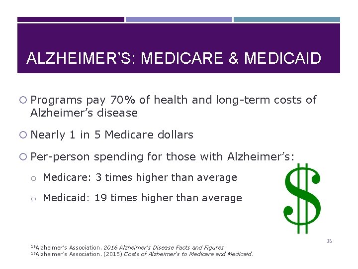 ALZHEIMER’S: MEDICARE & MEDICAID Programs pay 70% of health and long-term costs of Alzheimer’s